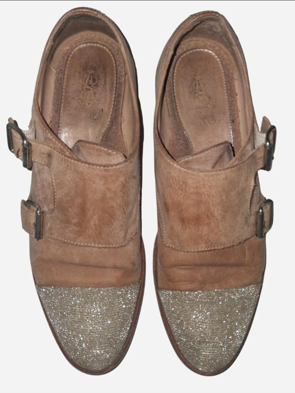 The Office of Angela Scott Tan Leather Double Monk Strap, Glitter Sparkle Toe